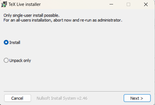 TeX Live installer 1st window